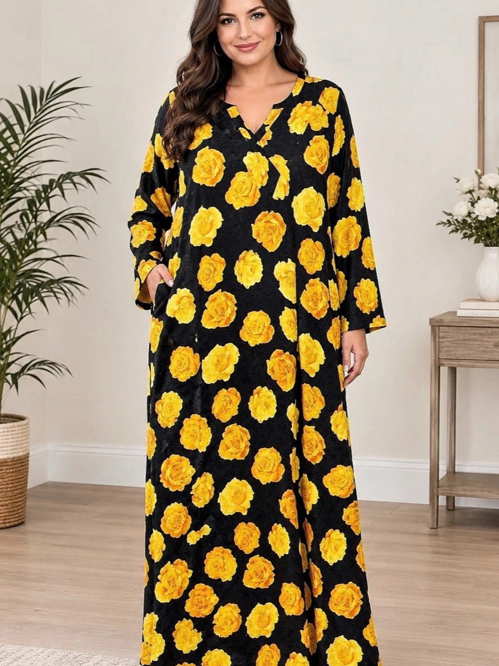 VTG 90s Basic Editions Floral Maxi Dress in Black & Yellow One Size